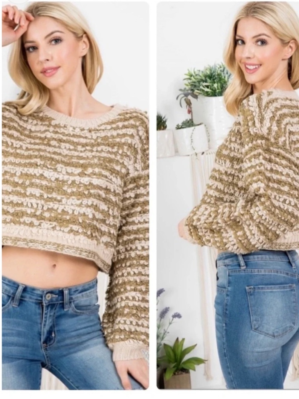 Boutique Cropped Striped Knit Sweater - Beige
